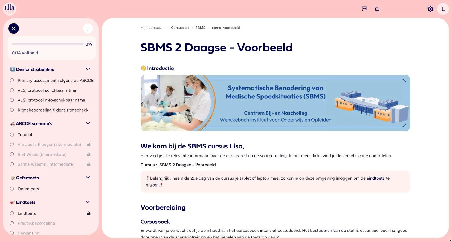Een cursus in de leeromgeving van Medu.game: links de onderdelen met voortgang, rechts de cursuspagina